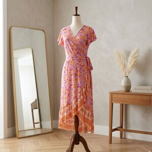 ZESICA Bohemian Pink Floral Wrap Ruffle Midi Dress S Peach Orange Flowy V-Neck